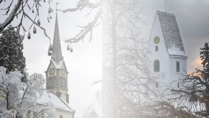 Doppelbild: Kirche Erlenbach und Kirche Wetzwil (Foto: Heinz Roder / Georges Wyttenbach)